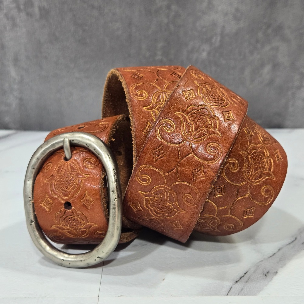 American Eagle Floral Embossed Leather Belt Womens Large Brown Boho Oval Buckle